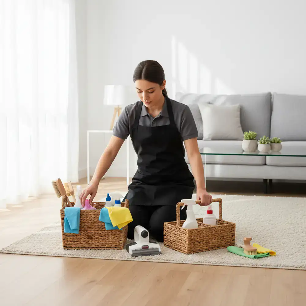 Professional cleaner organizing cleaning supplies in a bright living room