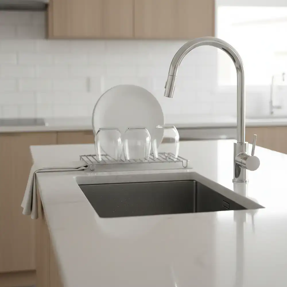 Detail shot of a sparkling clean kitchen counter and sink