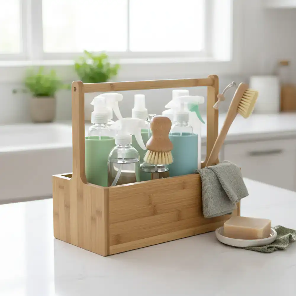 Eco-friendly cleaning supplies organized in a caddy