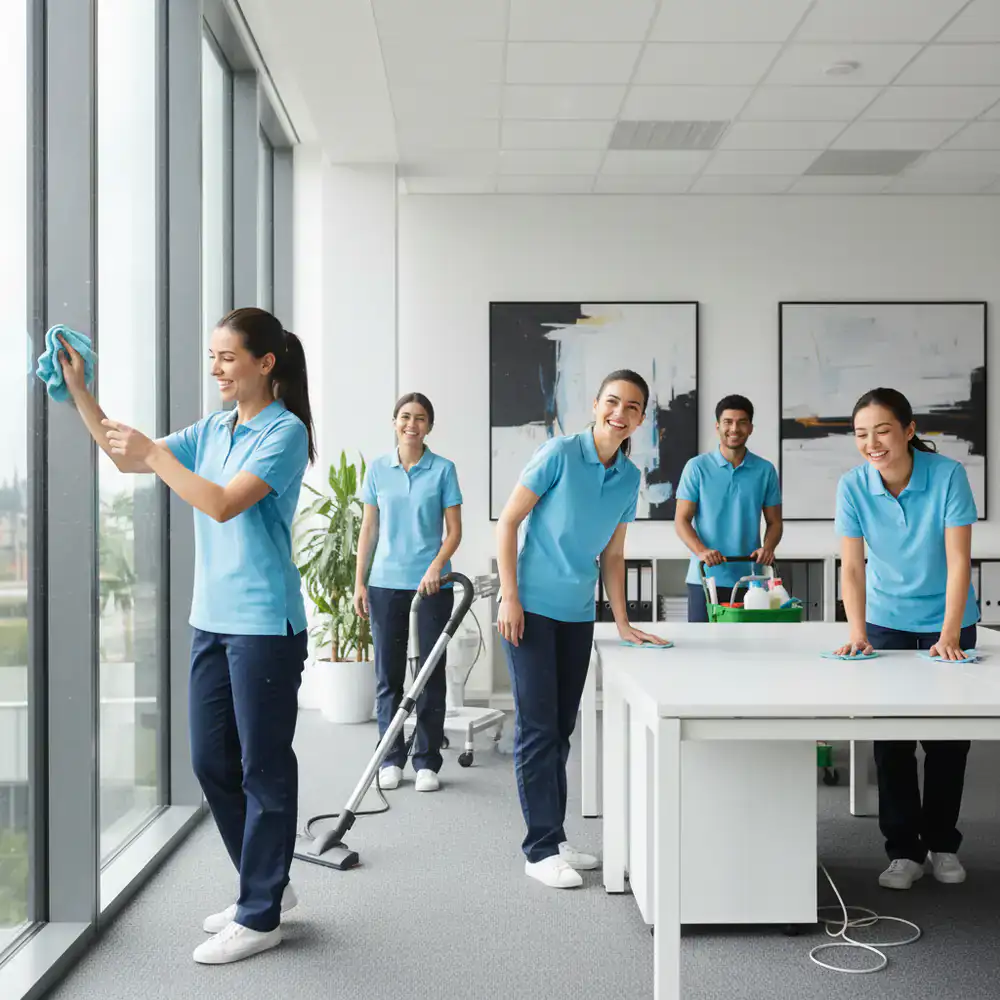Cleaning team smiling while working