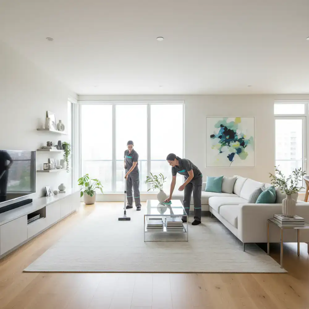 Cleaners working in a bright home living room