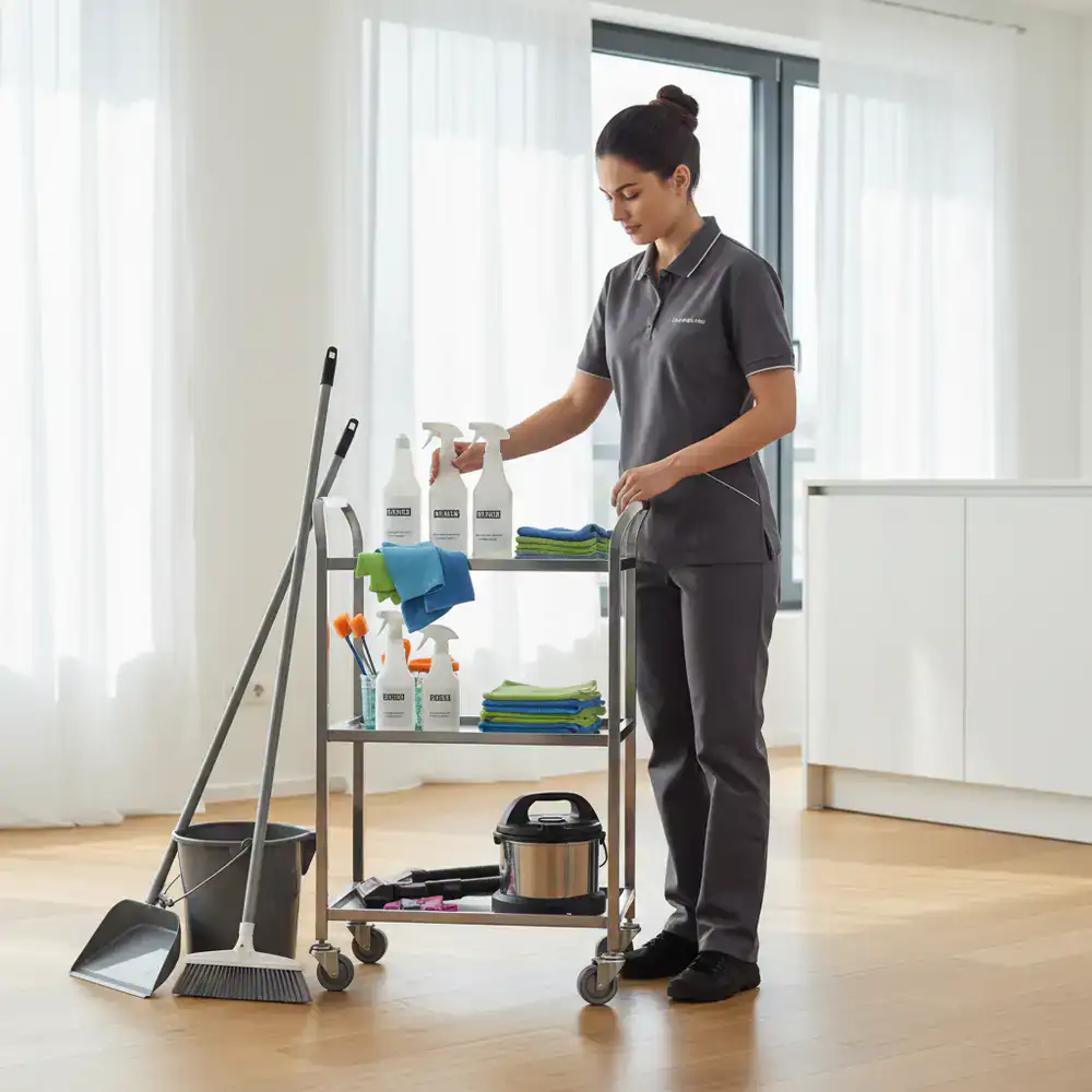 Professional cleaner organizing supplies before starting a job