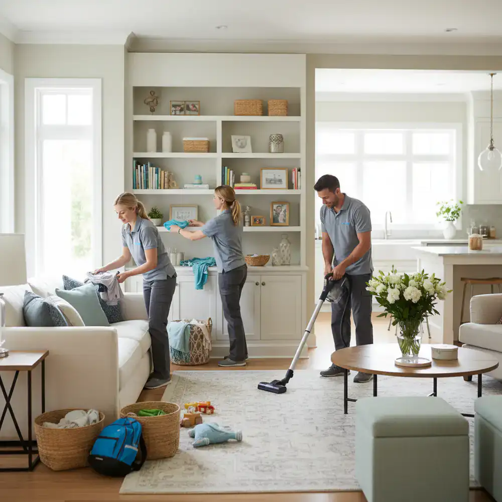 Professional cleaning team organizing and refreshing a busy family home