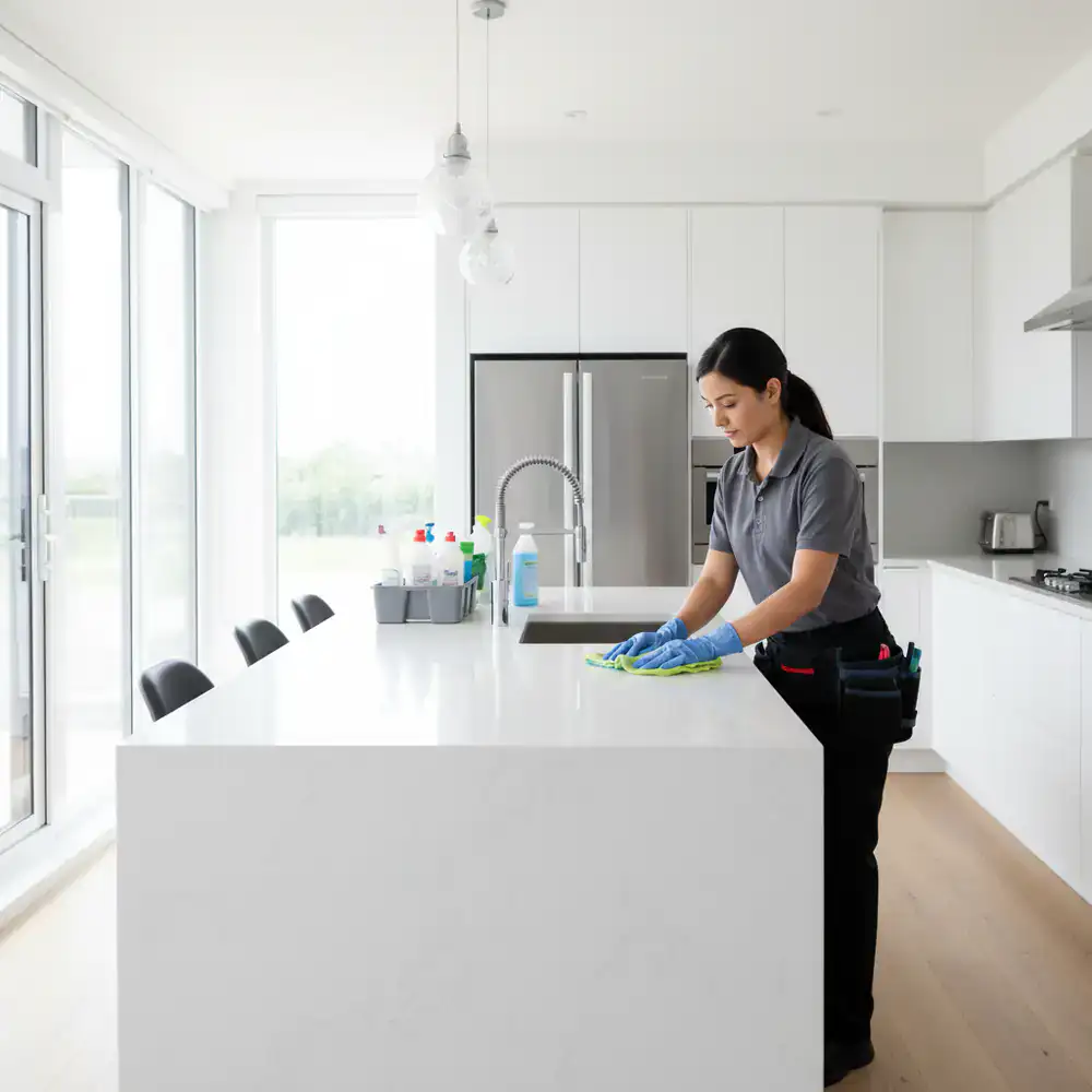 Cleaner detailing a kitchen surface